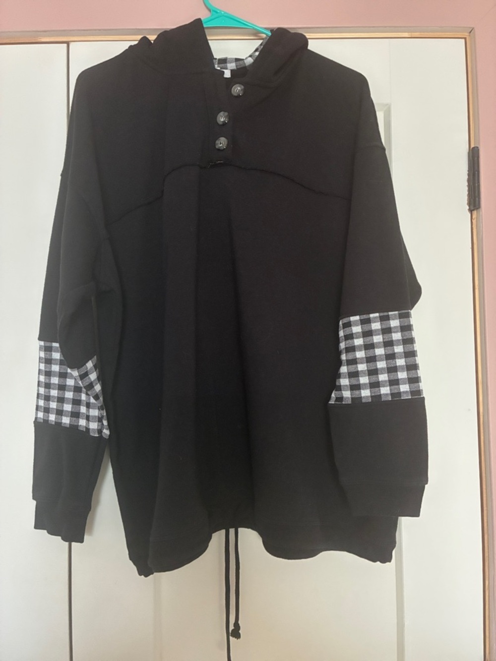 Black Hoodie with Black & White Gingham Sleeve Accents